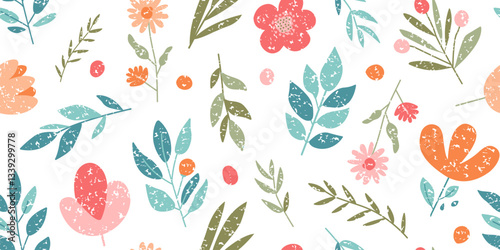 Spring flower crayon seamless pattern, cute kid pastel floral background, color chalk childish plant print, pencil garden bg, bloom and leaf charcoal wallpaper. Painting hand drawn vector illustration