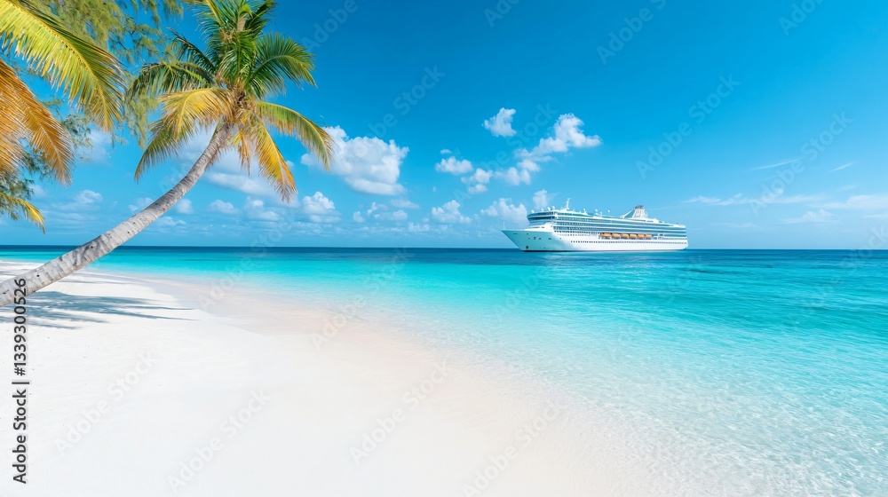 Obraz premium Tropical beach scene, clear turquoise waters meeting soft white sand under a bright sunny sky, perfect for relaxation or travel themes.