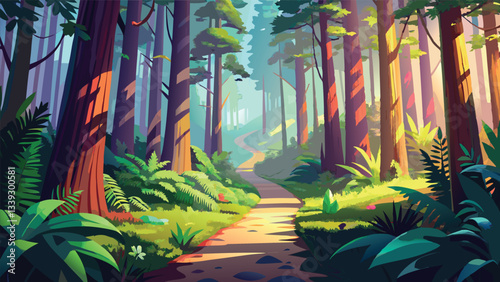 Serene forest path sunlight through trees nature trail lush greenery vibrant illustration