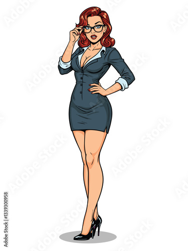 Stylized pin-up illustration of a confident secretary businesswoman in a chic blazer and skirt, wearing glasses and high heels, exuding intelligence and allure