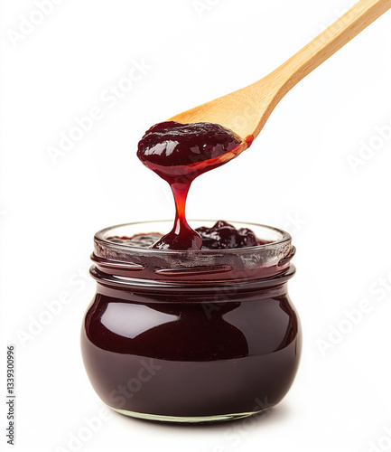 Wooden spoon dripping cherry jam into glass jar on white background