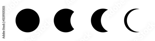 Moon icon vector set, crescent, sun, lunar phase and celestial silhouettes illustration
