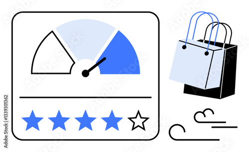 Customer satisfaction meter with needle and rating stars beside shopping bags in blue shades. Ideal for e-commerce, customer reviews, user experience, online shopping, consumer feedback, satisfaction