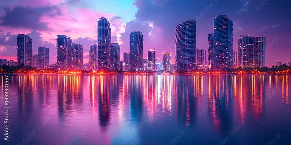 Fototapeta premium Vibrant City Skyline During Sunset with Reflections on Water