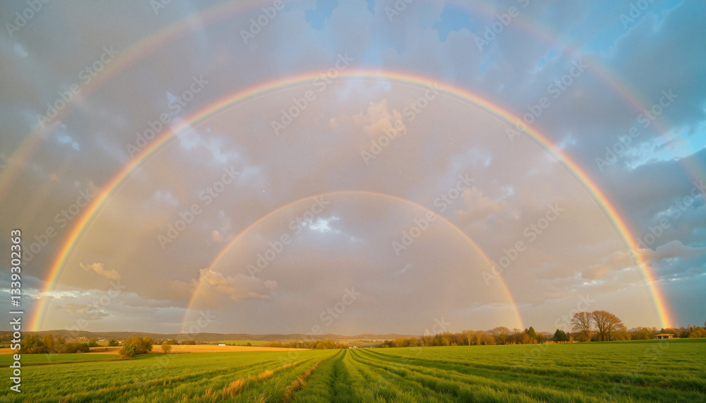 Vivid double rainbow spanning vast countryside field at sunset, nature's beauty Vivid double rainbow spanning vast countryside field at sunset, nature's beauty
