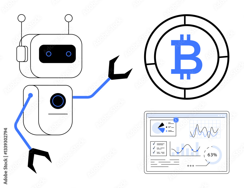 Fototapeta premium Robot gesturing towards Bitcoin icon and analytics dashboard featuring charts and statistics. Ideal for AI, blockchain, finance innovation, cryptocurrency analysis, fintech, technology, automation