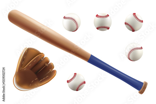 Baseball ball, bat glove realistic vector isolated. White softball, 3d wood stick, player base equipment clipart. Wooden vintage tool, american field sport game, brown leather pitcher catcher mitten
