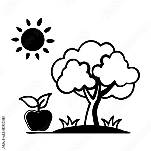 lack outline tree and sun icon with apple
