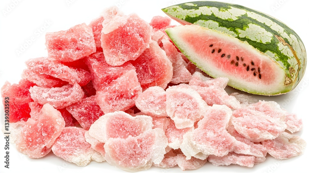 Assorted Slices of Sugary Watermelon Candy Next to a Fresh Watermelon on White Background Assorted Slices of Sugary Watermelon Candy Next to a Fresh Watermelon on White Background