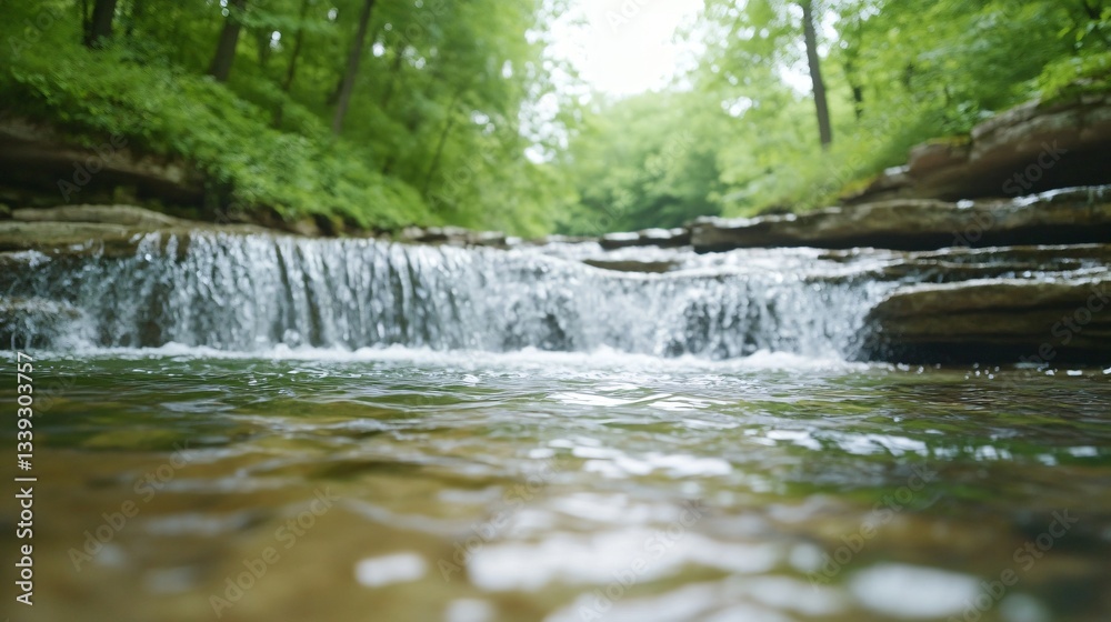 Fototapeta premium Serene river flowing through lush green forest, crystal clear water glistening under soft sunlight, tranquil nature escape.