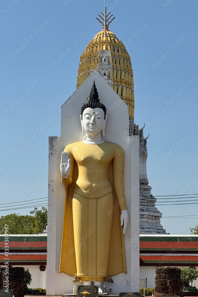 The statue of standing Buddha outside of the temple in Thailand