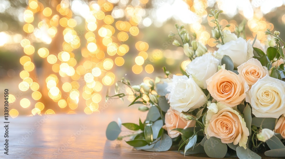 Obraz premium Elegant Peach and White Rose Bouquet Against a Sparkling Lights Background