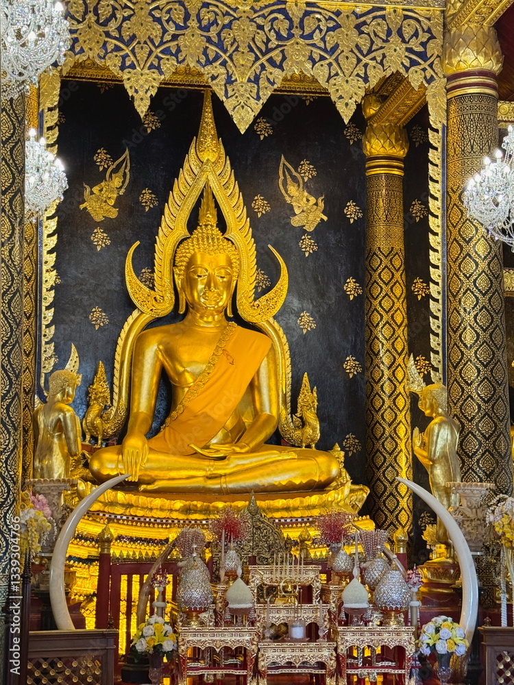 The beautiful decorated altar with golden statue of Buddha in the temple in Thailand