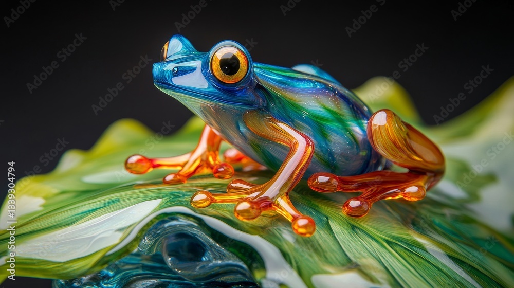 Naklejka premium A brightly colored glass frog perched on a tropical leaf under the moonlight. 
