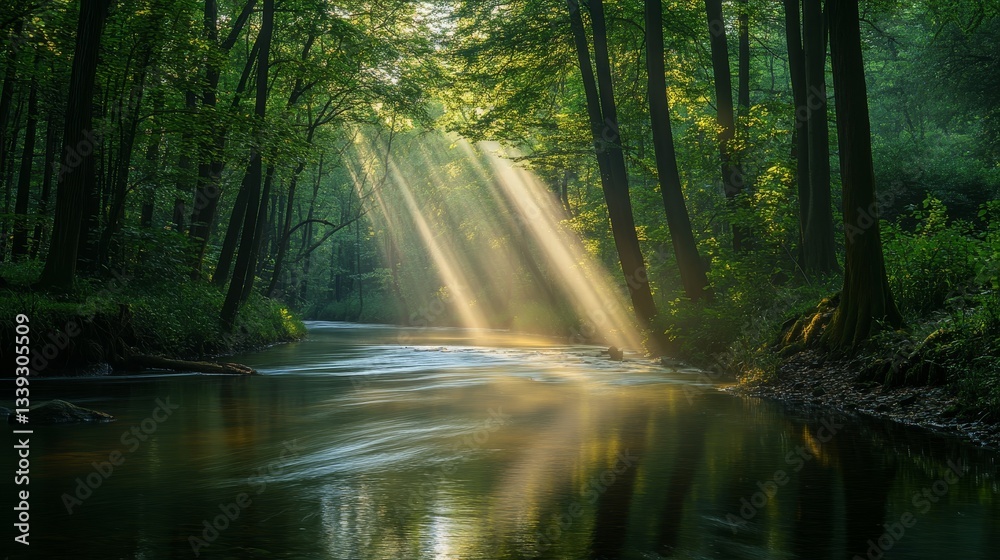 Fototapeta premium A calm river flowing through a dense forest, with sunlight streaming through the trees.