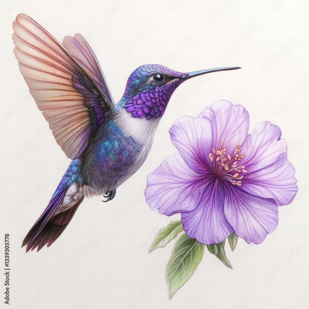 Obraz premium Vibrant Hummingbird with Detailed Flower Illustration in Nature