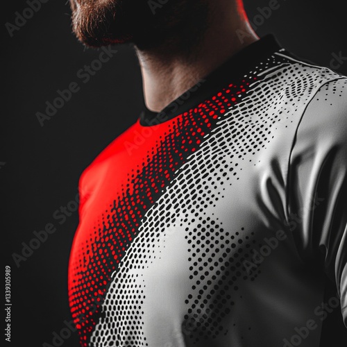 Torso of adult male displays sports shirt with red and white halftone design against a dark background