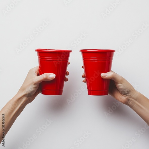 Red cups: two hands holding up red plastic cups in a celebratory gesture against a white background