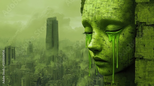 A human face weeps above a polluted and dystopian cityscape scene