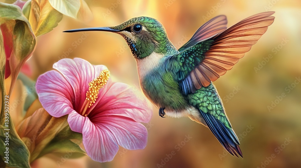 Naklejka premium A close-up of a vibrant hummingbird with iridescent feathers perched on a delicate flower.