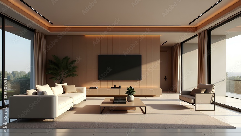 Fototapeta premium Contemporary living room with sleek white furniture and a spacious window that brightens the area with sunligh