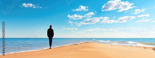 Person Walking on Beach with Clear Water and Blue Sky Background