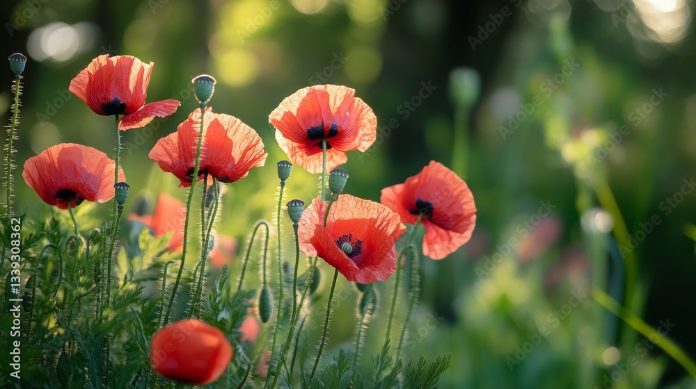 Fototapeta premium Vibrant Red Poppies in Sunlit Meadow with Soft Green Background