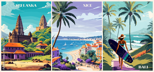 Set of Bali, Indonesia Travel destination posters in retro style. Beautiful exotic seascapes vector art illustrations