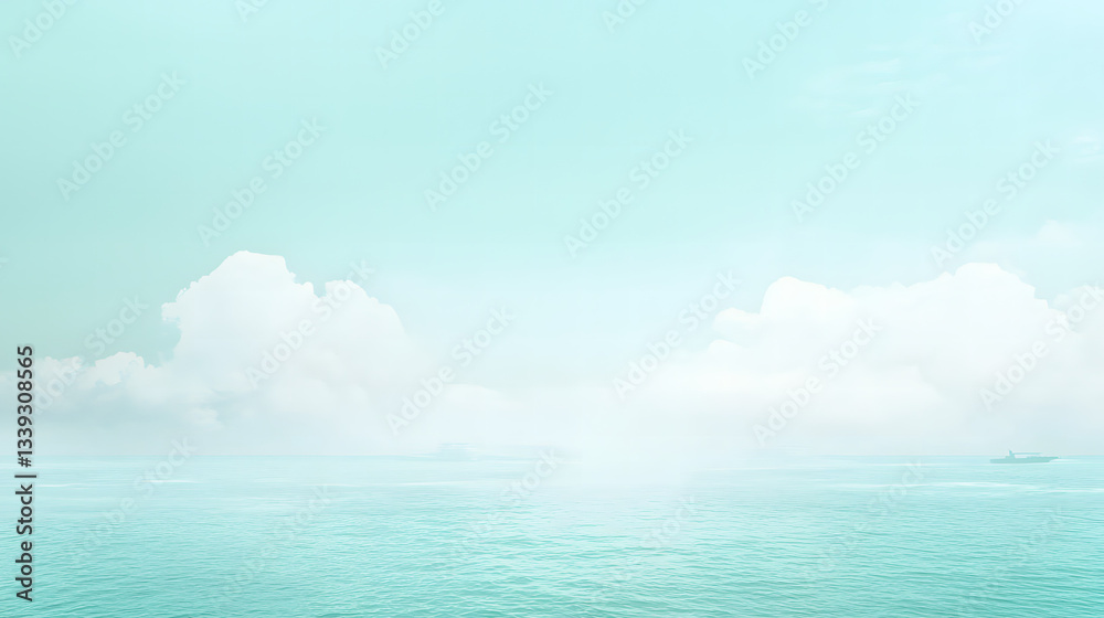 Obraz premium Serene Seascape: An expansive view of a tranquil seascape, with a gentle horizon where the turquoise water meets a serene sky. Fluffy clouds dot the tranquil sky