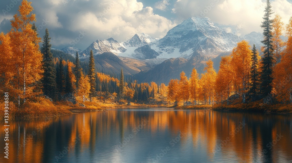 Fototapeta premium Autumn forest lake reflecting snowy mountain peaks under cloudy sky