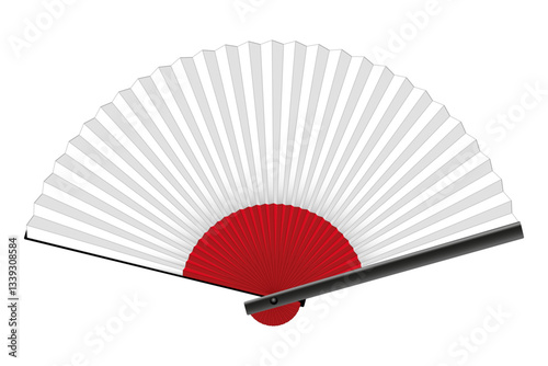 Japanese foldable hand fan depicting the rising sun. White paper handheld fan, called sensu, with the symbol of a red rising sun at the pivot, resembling the national flag of Japan. Isolated vector.
