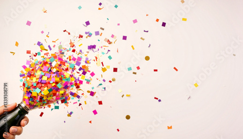 Vibrant confetti explosion from a hand-held container, celebration joy