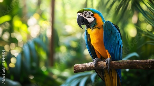 A curious and vibrant blue macaw perched on a branch in a tropical rainforest.