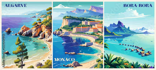 Set of Travel Destination posters in retro style. Monaco, Algarve, Bora-Bora landscape prints. Colorful vector art illustrations