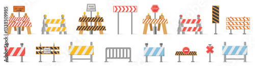 Construction warning fence collection in a flat design. Under construction road barrier