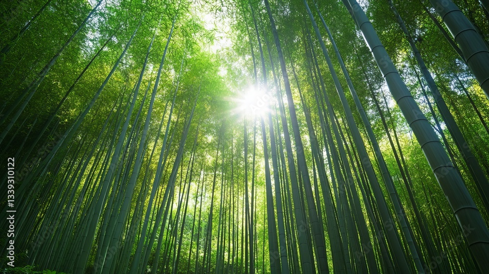 Fototapeta premium A dense bamboo forest with sunlight filtering through the tall, green stalks. 