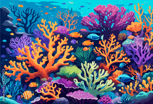 Underwater life at sea or ocean bottom. Exotic undersea world with coral reef, seaweeds and aquatic habitats in depth. Colored flat cartoon vector illustration of scenic marine landscape or seascape
