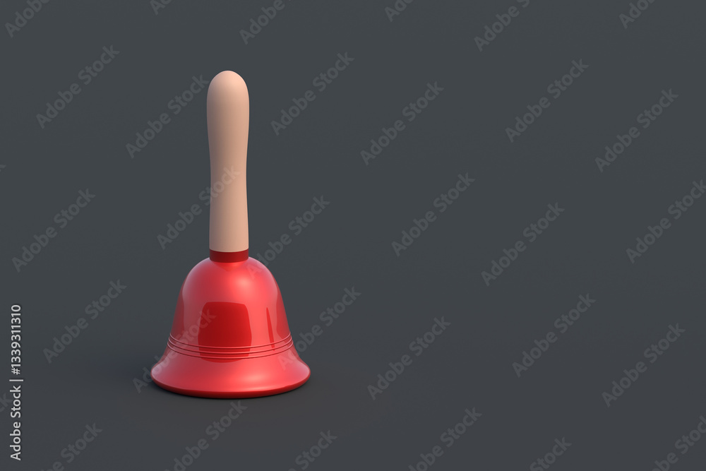 Red christmas bell with handle on black background. School handbell. Festive Accessories. Copy space. 3d rendering Red christmas bell with handle on black background. School handbell. Festive Accessories. Copy space. 3d rendering