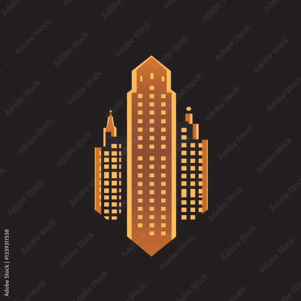 Fototapeta premium Modern skyscraper with golden hues against a dark background in a digital illustration.
