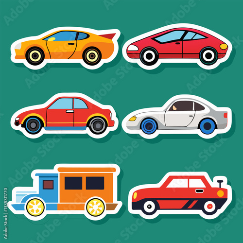 Cartoon car collection sticker style on green background vector