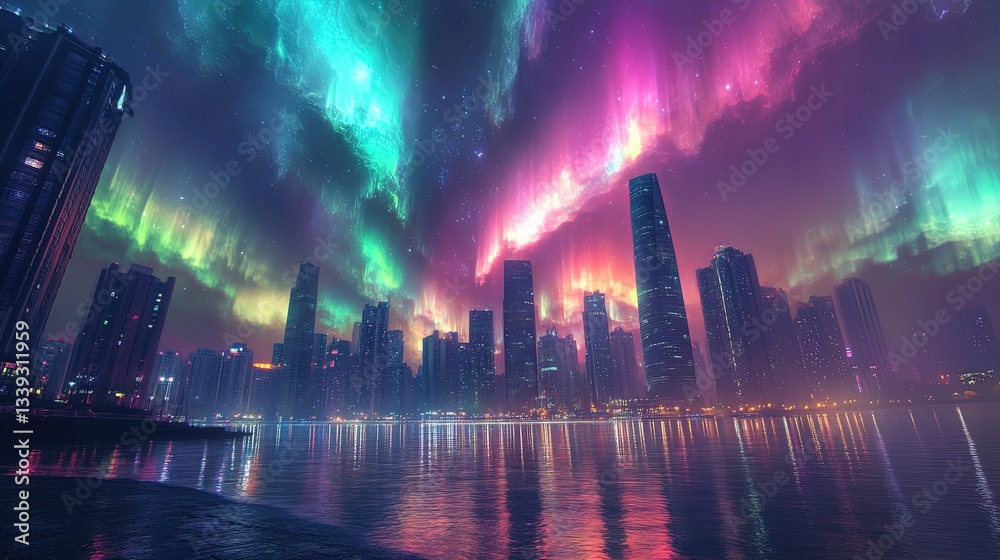 Naklejka premium A fantasy-inspired skyline with radiant facades merging with swirling auroras 