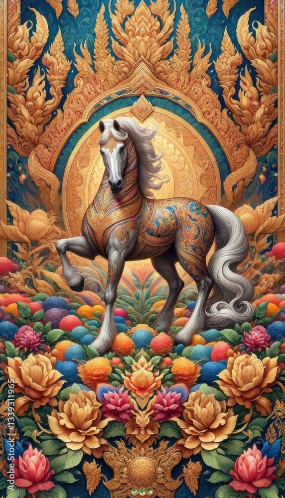 Obraz premium Colorful Horse in Floral and Ornate Background
