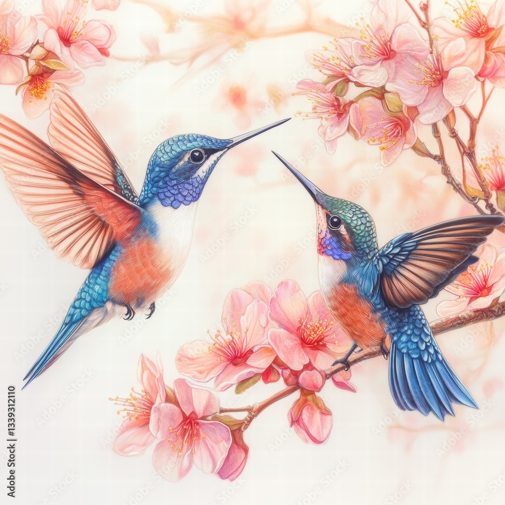 Obraz premium Colorful Hummingbirds Among Cherry Blossoms in Springtime Beauty