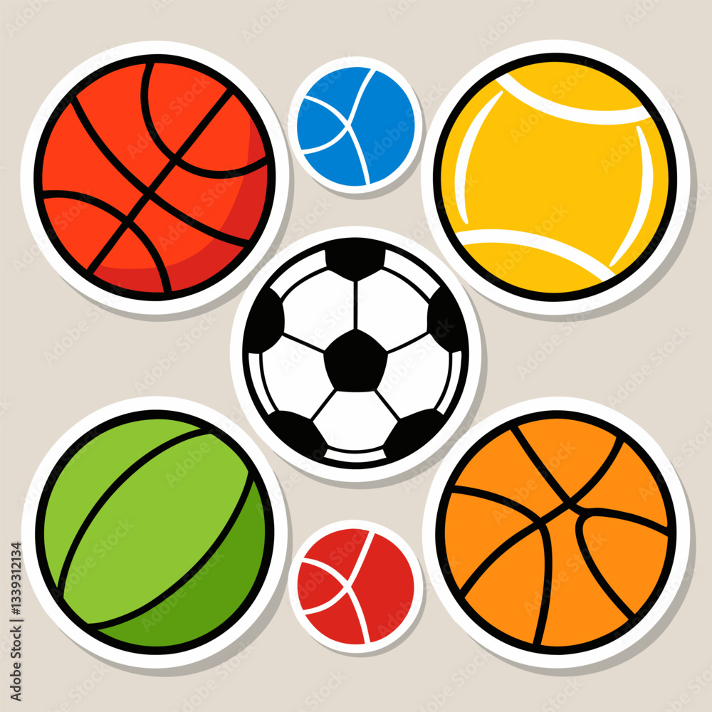 Obraz premium Colorful Ball Collection, Cartoon Style Sports Equipment Stickers with White Outline
