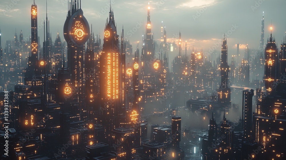Fototapeta premium A fantasy city with facades covered in intricate glowing runes, under a twilight sky 