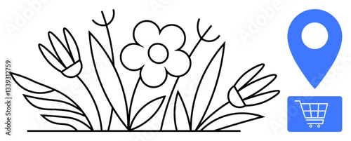 Flowering plants surrounded by leaves, blue map pin, and cart indicating online plant shopping. Ideal for gardening, e-commerce, eco-friendly, delivery, navigation growth sustainability. Flat