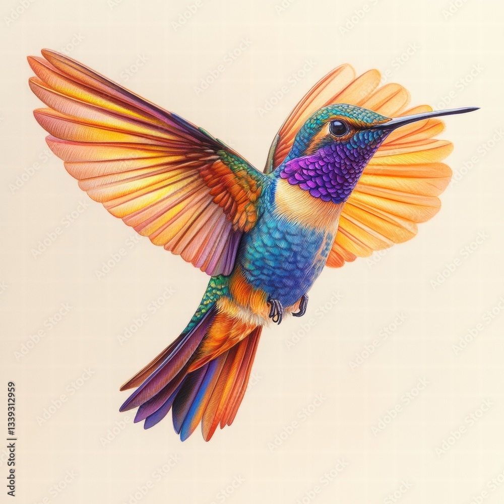 Obraz premium Colorful Hummingbird in Flight with Vibrant Feather Details