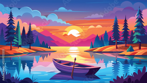 Serene Sunset Lake Landscape Rowboat on Calm Waters at Dusk with Majestic Mountains and Pine Trees
