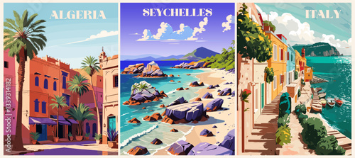 Set of Travel Destination posters in retro style. Algeria, Italy, Seychelles landscape prints. Vector colorful art illustrations