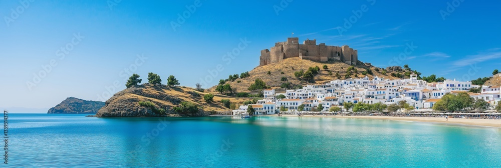 Fototapeta premium A picturesque landscape featuring a castle by the sea.